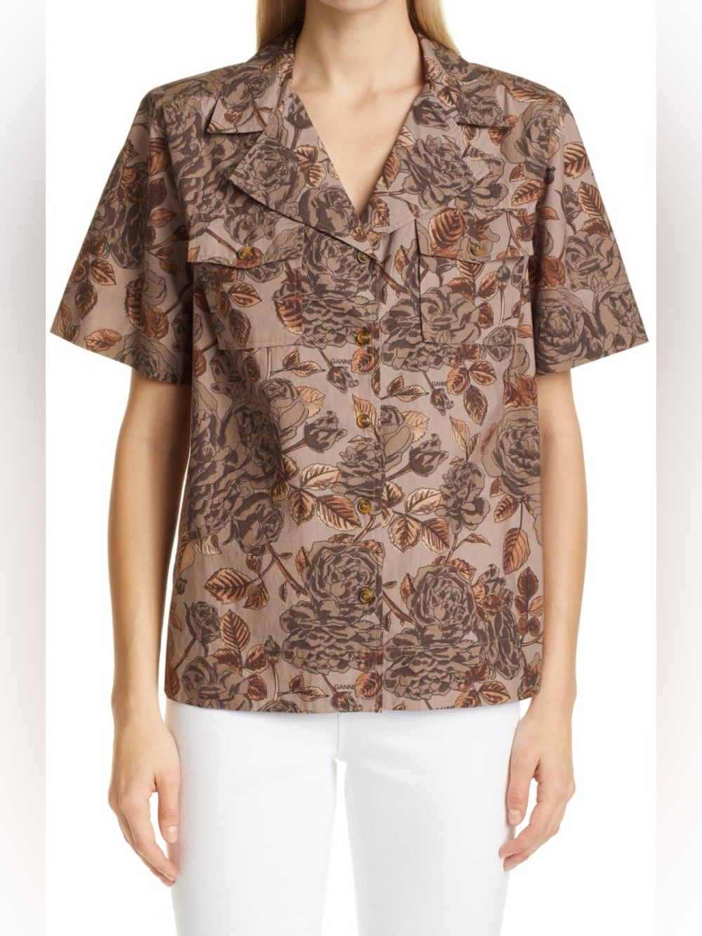 GANNI Women’s Short Sleeve Floral Button-Down Shirt Size 36 S/M